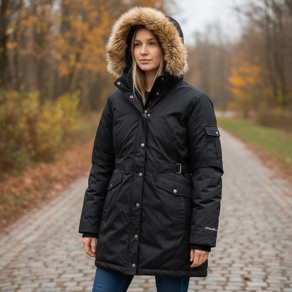 Eddie Bauer Weatheredge Superior Down Parka Black Faux Fur Hood Belted Sz XXL
